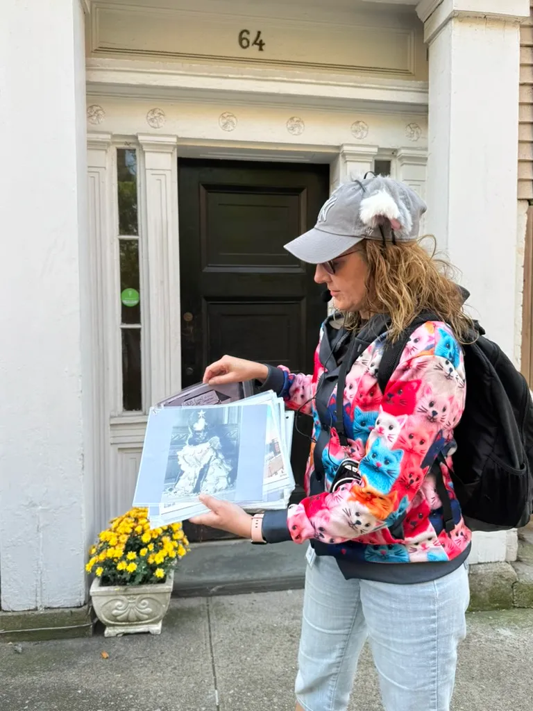 Peggy Gavan leading a walking tour with historical photos