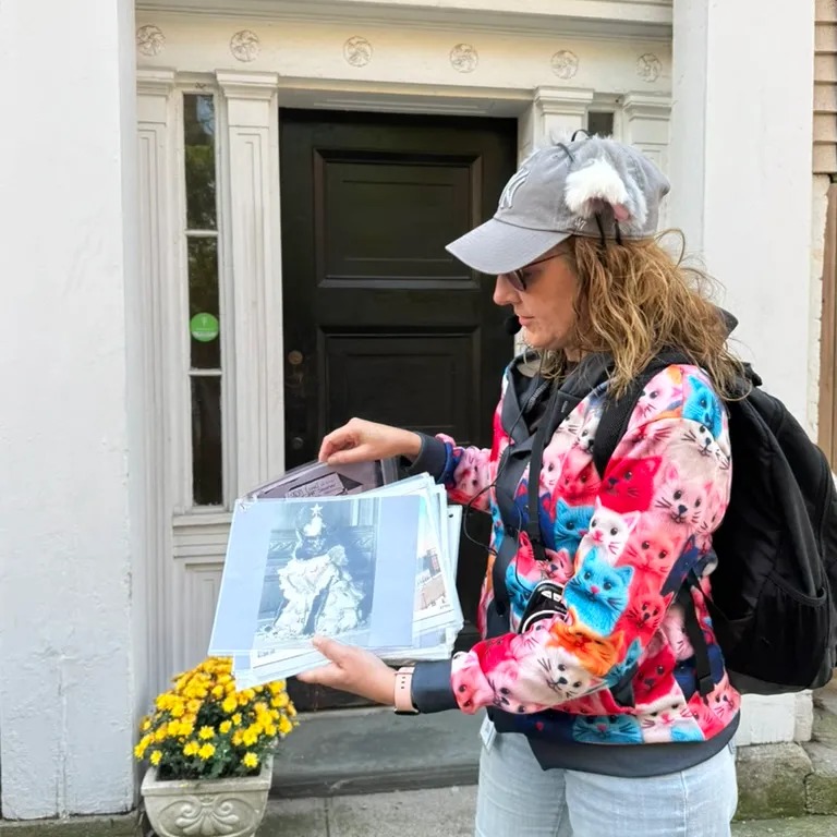 Tour guide sharing Brooklyn Heights cat tales with guests