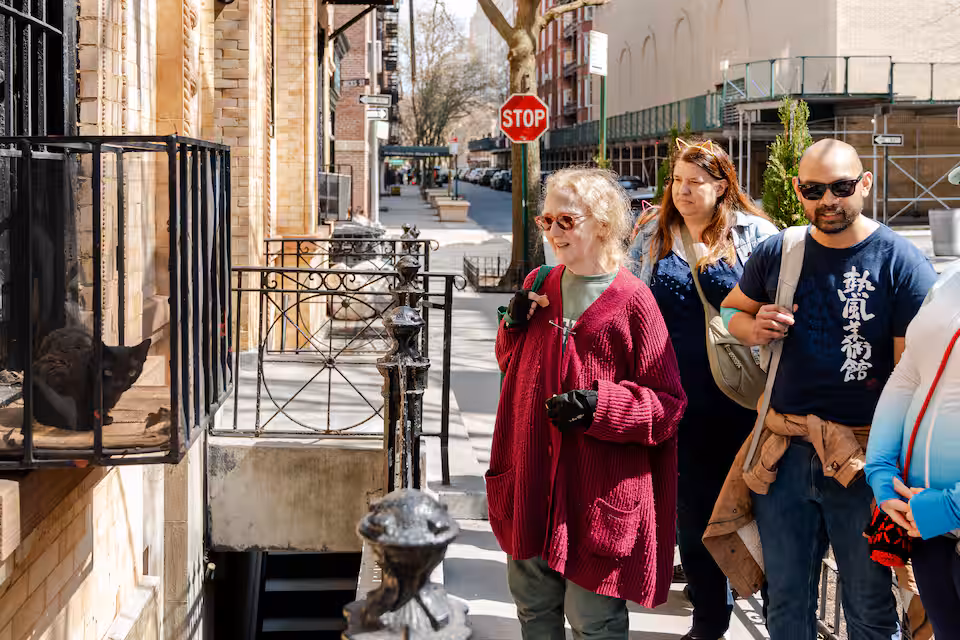 Tour guests pause to look at a black cat in a window cage on Hicks Street, Brooklyn Heights