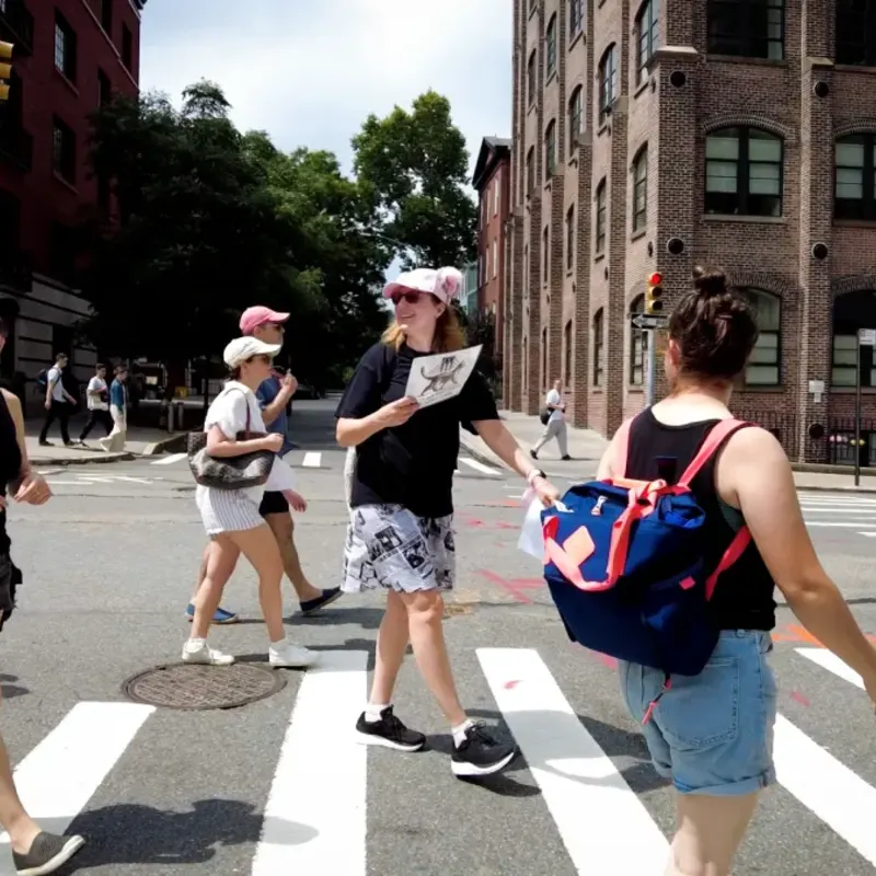 Tour group crossing street in Brooklyn